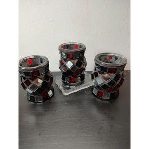 Mosaic Stained Glass Votive Candle Holder Tealight set of 3 Moody Decor